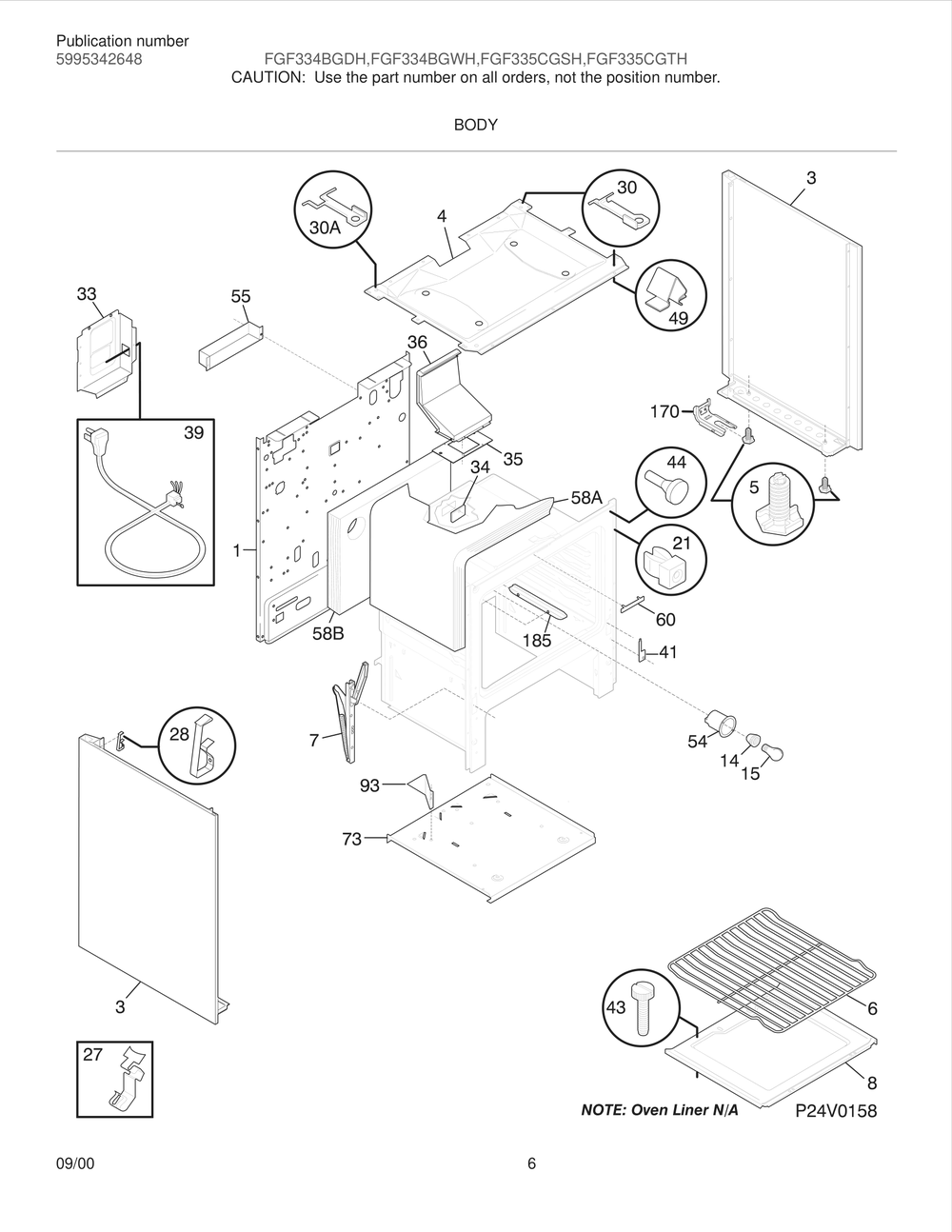 Body Diagram and Parts List for FGF335CGSH  Frigidaire Range