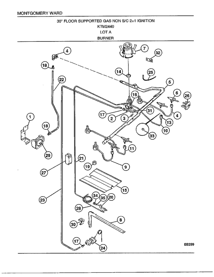30" Gas Range/burner Diagram and Parts List for 2440A  Frigidaire Range