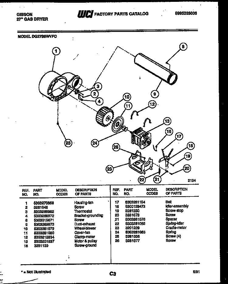 DRIVE / BLOWER Diagram and Parts List for DE27S6WVFC  Gibson Dryer