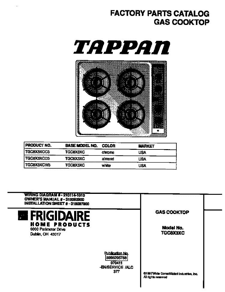COVER Diagram and Parts List for TGC8X3XCW3  Tappan Cooktop