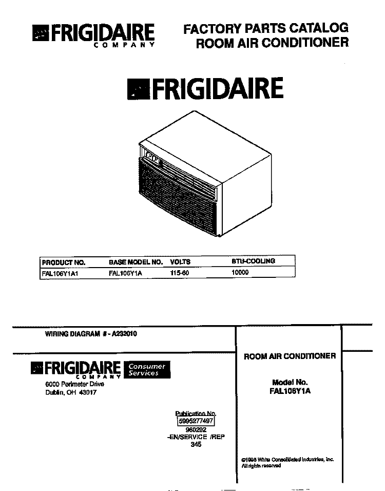 COVER Diagram and Parts List for FAL106Y1A1  Frigidaire Air Conditioner