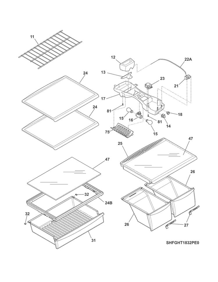 Shelves Diagram and Parts List for FGHT2132PF2  Frigidaire Refrigerator