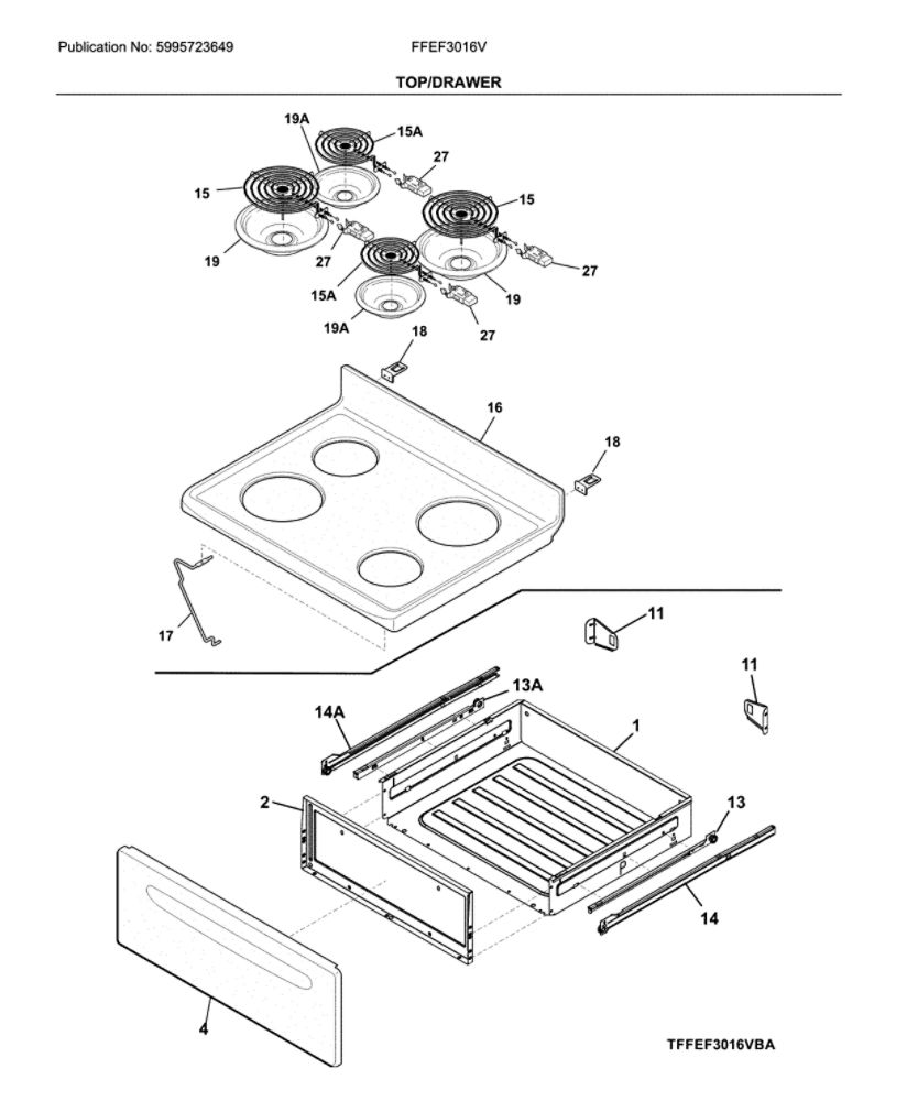 Top/Drawer Diagram and Parts List for FFEF3016VWC  Frigidaire Range