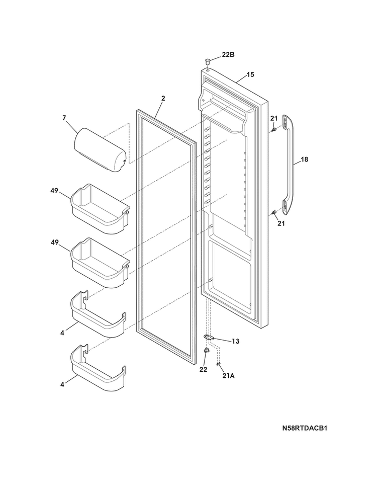 Refrigerator Door Diagram and Parts List for FFHS2311LWGA  Frigidaire Refrigerator