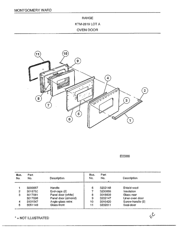Range-oven Door Diagram and Parts List for 2819A  Frigidaire Range