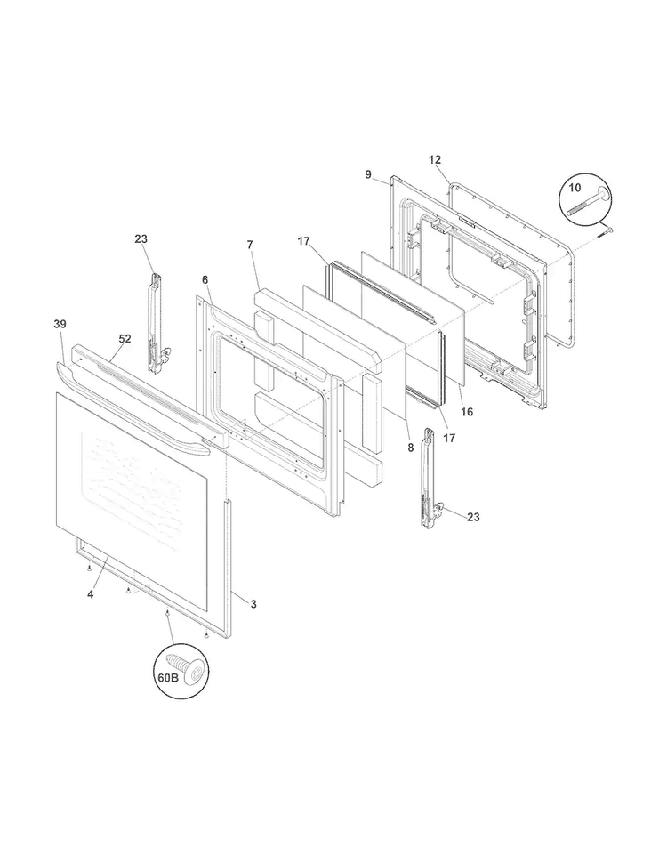 Door Diagram and Parts List for FFEF3015PWA  Frigidaire Range