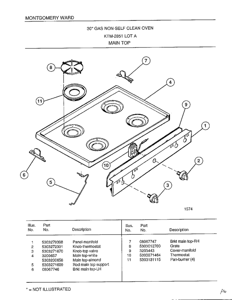 Main Top Diagram and Parts List for 2851A  Frigidaire Range