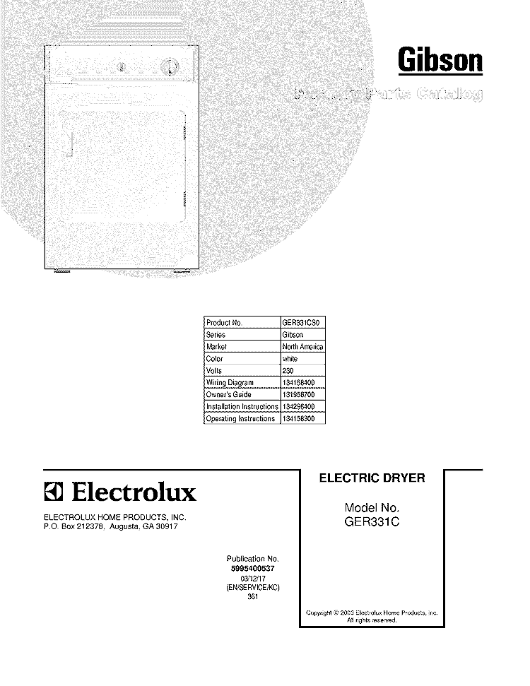 COVER Diagram and Parts List for GER331CS0  Gibson Dryer