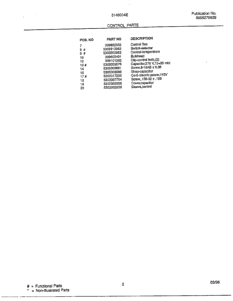 Control Parts Page 2 Diagram and Parts List for 5148004E  Frigidaire Air Conditioner