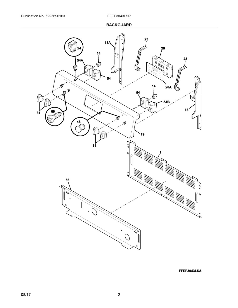 Backguard Diagram and Parts List for FFEF3043LSR  Frigidaire Range