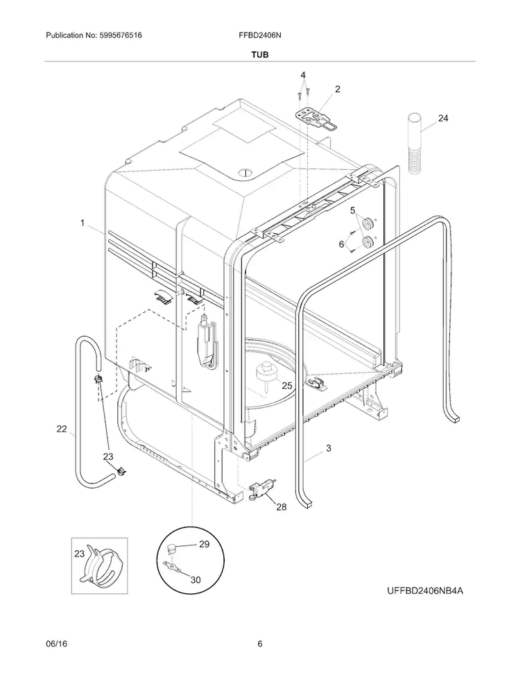 Tub Diagram and Parts List for FFBD2406NW8B  Frigidaire Dishwasher