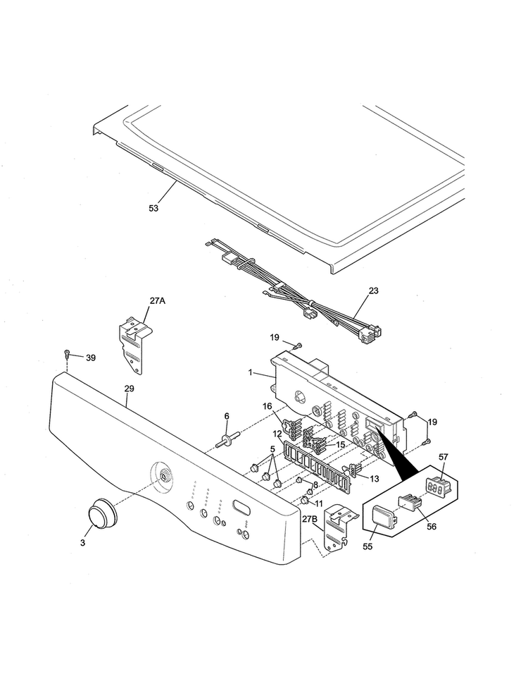 Controls/top Panel Diagram and Parts List for CFQE4000QW0  Frigidaire Dryer