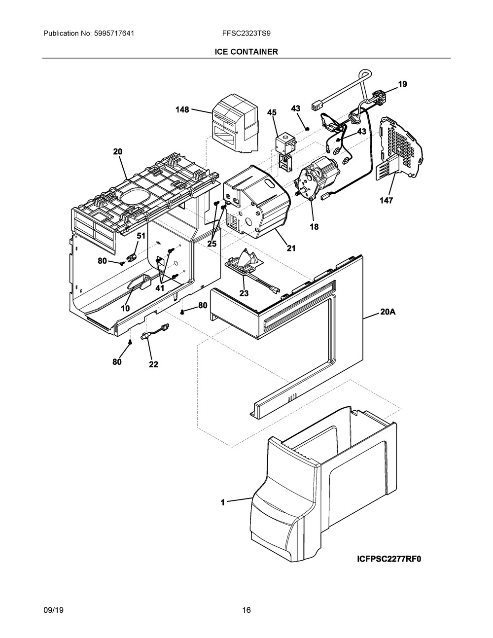 Ice Container Diagram and Parts List for FFSC2323TS9  Frigidaire Refrigerator