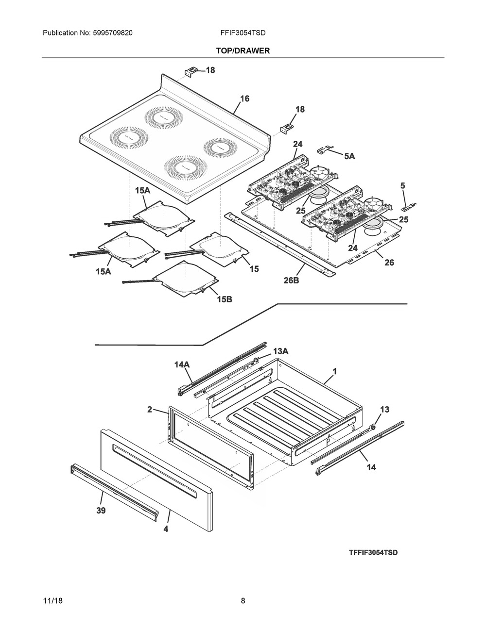 Top/drawer Diagram and Parts List for FFIF3054TSD  Frigidaire Range