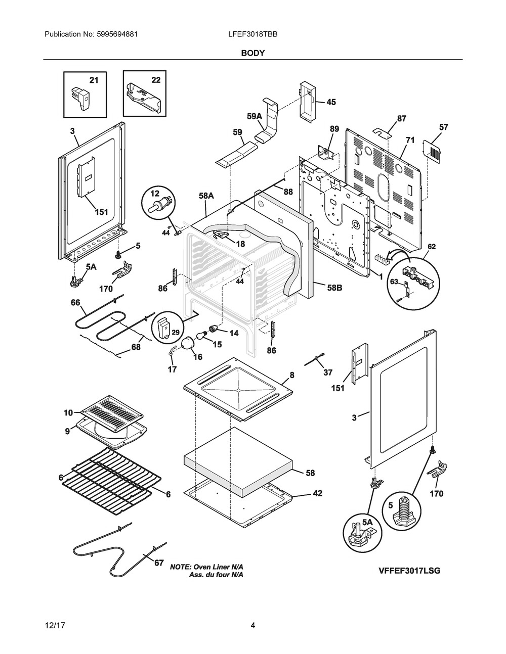 Body Diagram and Parts List for LFEF3018TBB  Frigidaire Range