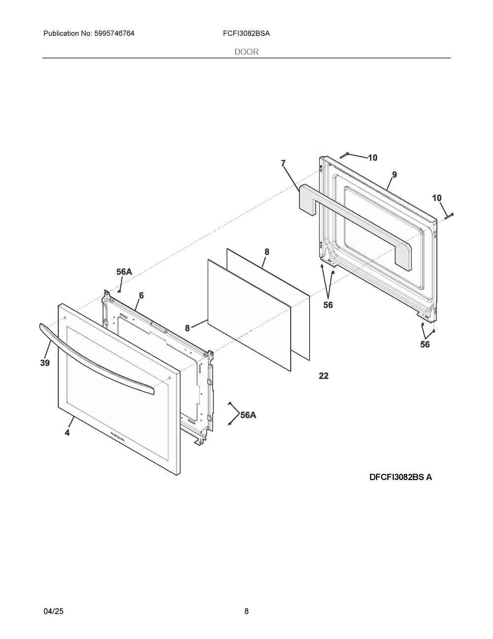Door Diagram and Parts List for FCFI3082BSA  Frigidaire Range