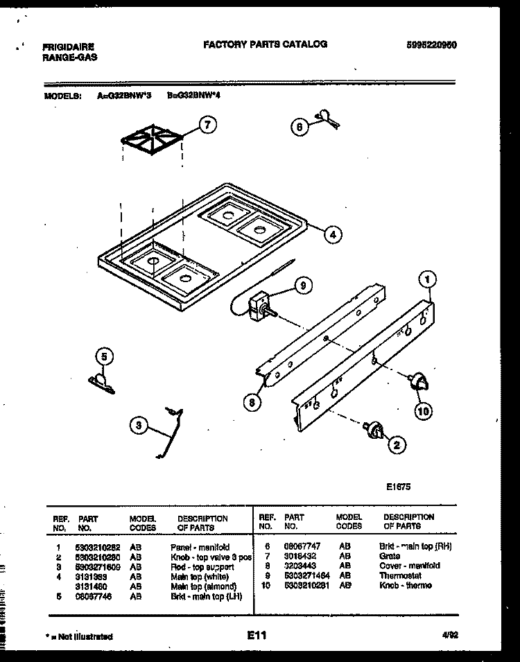 COOKTOP PARTS Diagram and Parts List for G32BNW3  Frigidaire Range