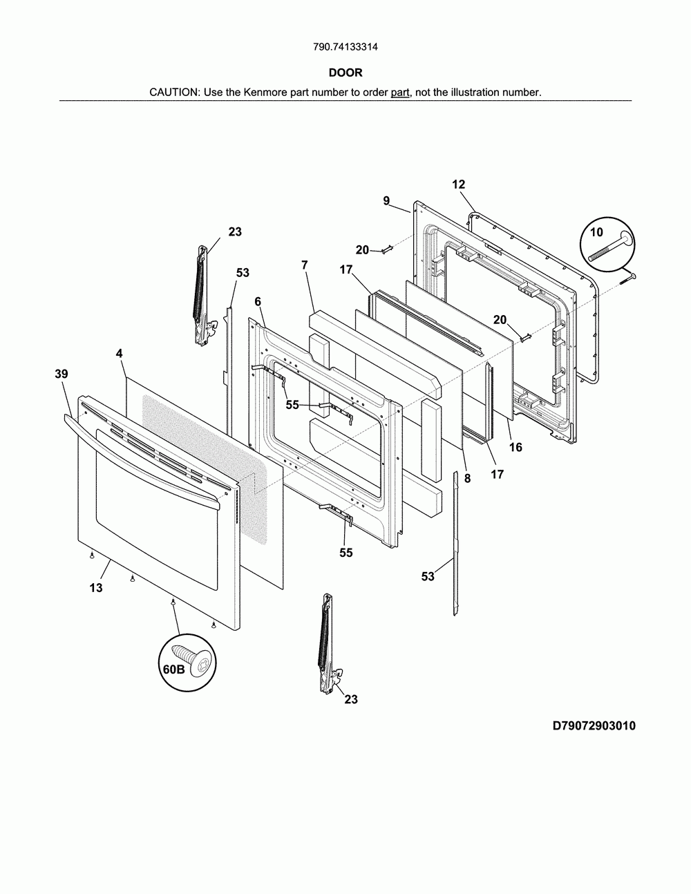 Door Diagram and Parts List for 79074133314  Kenmore Range