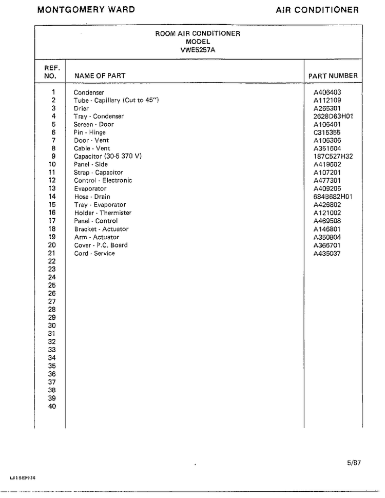 Air Conditioner Page 4 Diagram and Parts List for 5257A  Frigidaire Air Conditioner