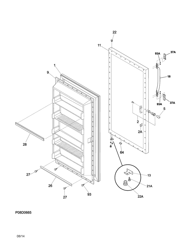 Door Diagram and Parts List for FFUH21F2NWB  Frigidaire Freezer