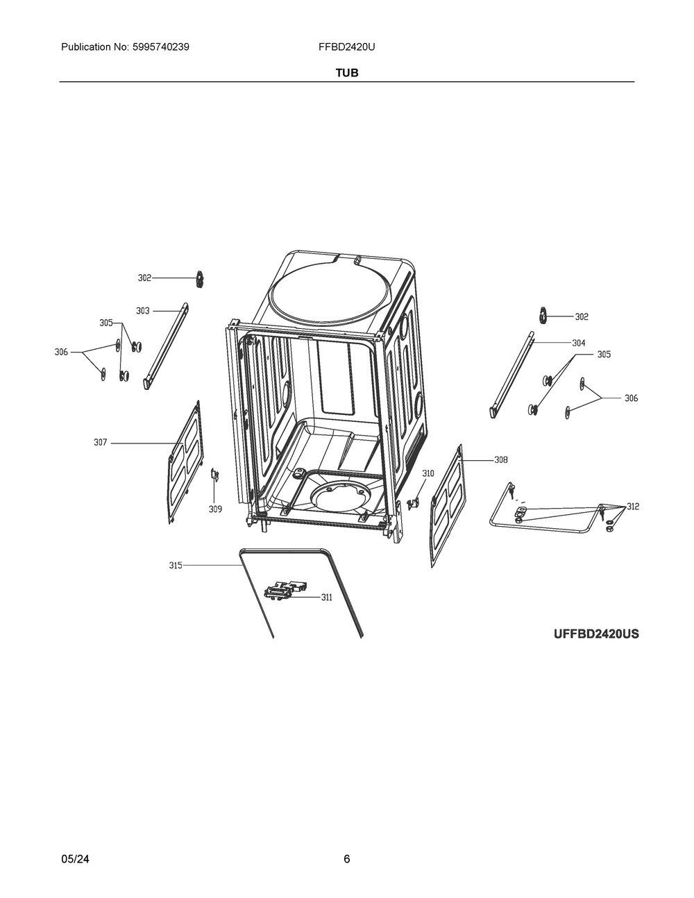Tub Diagram and Parts List for FFBD2420US0A  Frigidaire Dishwasher