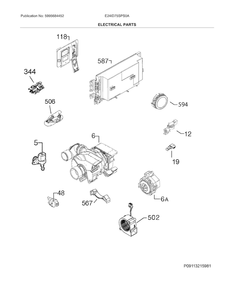 Electrical Parts Diagram and Parts List for E24ID75SPS0A  Electrolux Dishwasher