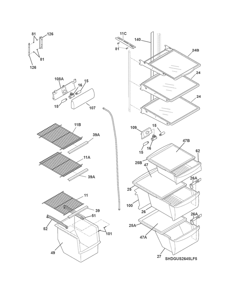 Shelves Diagram and Parts List for DGUS2645LF5  Frigidaire Refrigerator