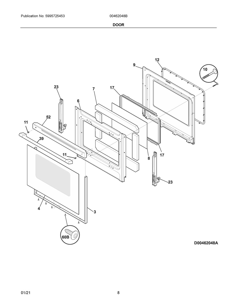 Door Diagram and Parts List for 00462048B  Frigidaire Range