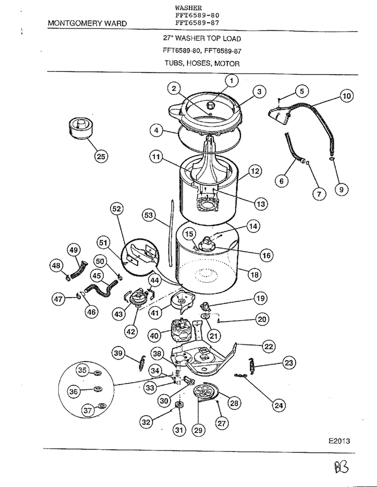 Tubs, Hoses, Motor Diagram and Parts List for 6589-80  Frigidaire Washer
