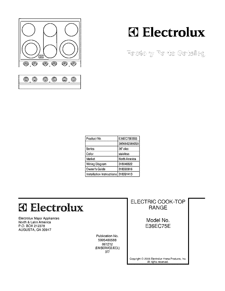 COVER Diagram and Parts List for E36EC75ESS5  Electrolux Cooktop