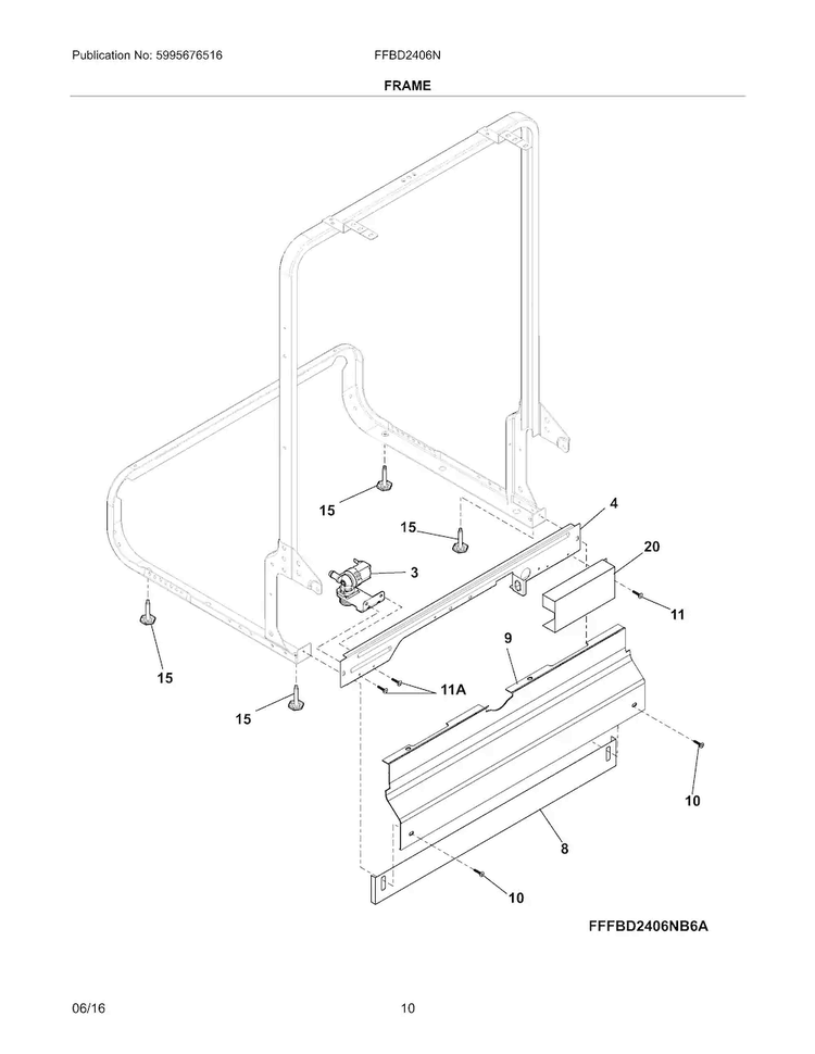 Frame Diagram and Parts List for FFBD2406NW8B  Frigidaire Dishwasher