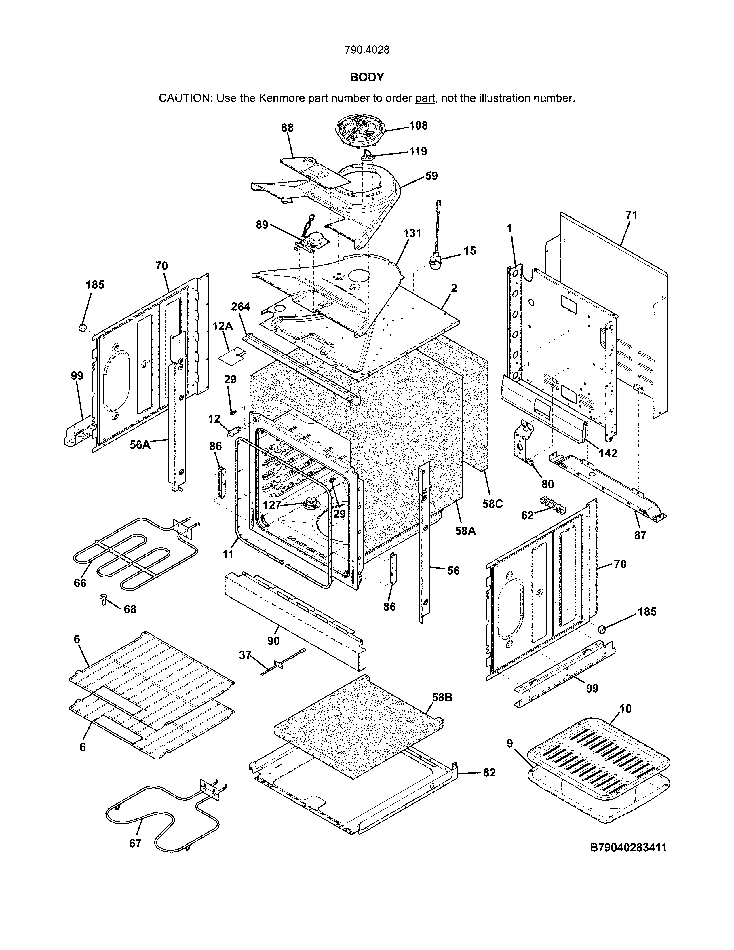 Body Diagram and Parts List for 79040289411  Kenmore Wall Oven