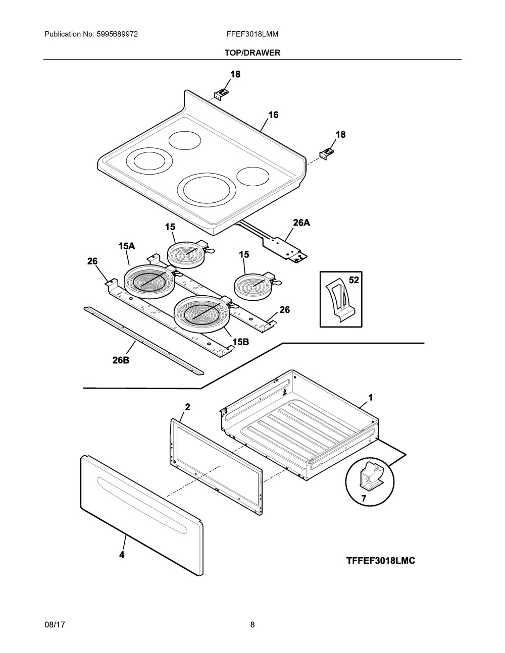 Top/drawer Diagram and Parts List for FFEF3018LMM  Frigidaire Range