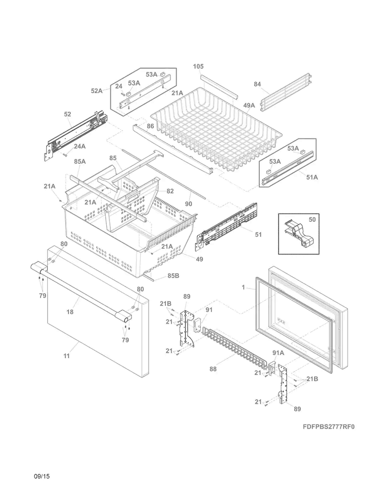 Freezer Drawer, Baskets Diagram and Parts List for FPBS2777RF2  Frigidaire Refrigerator