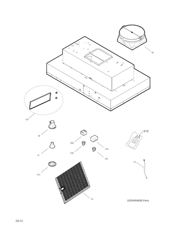 Recommended Spare Parts Diagram and Parts List for EI36HI55KSB  Electrolux Range Hood