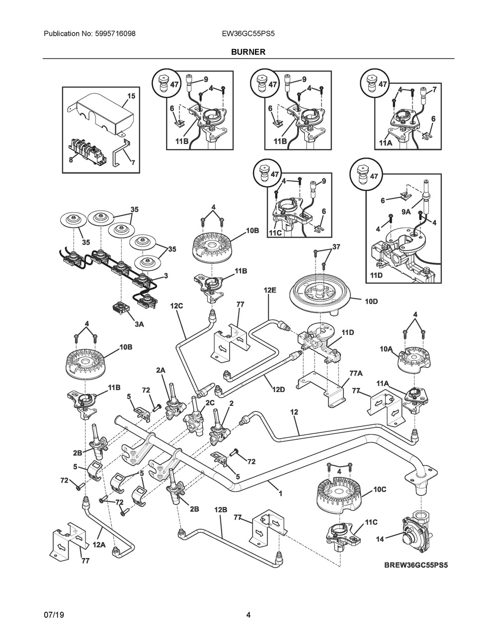 Burner Diagram and Parts List for EW36GC55PS5  Frigidaire Cooktop
