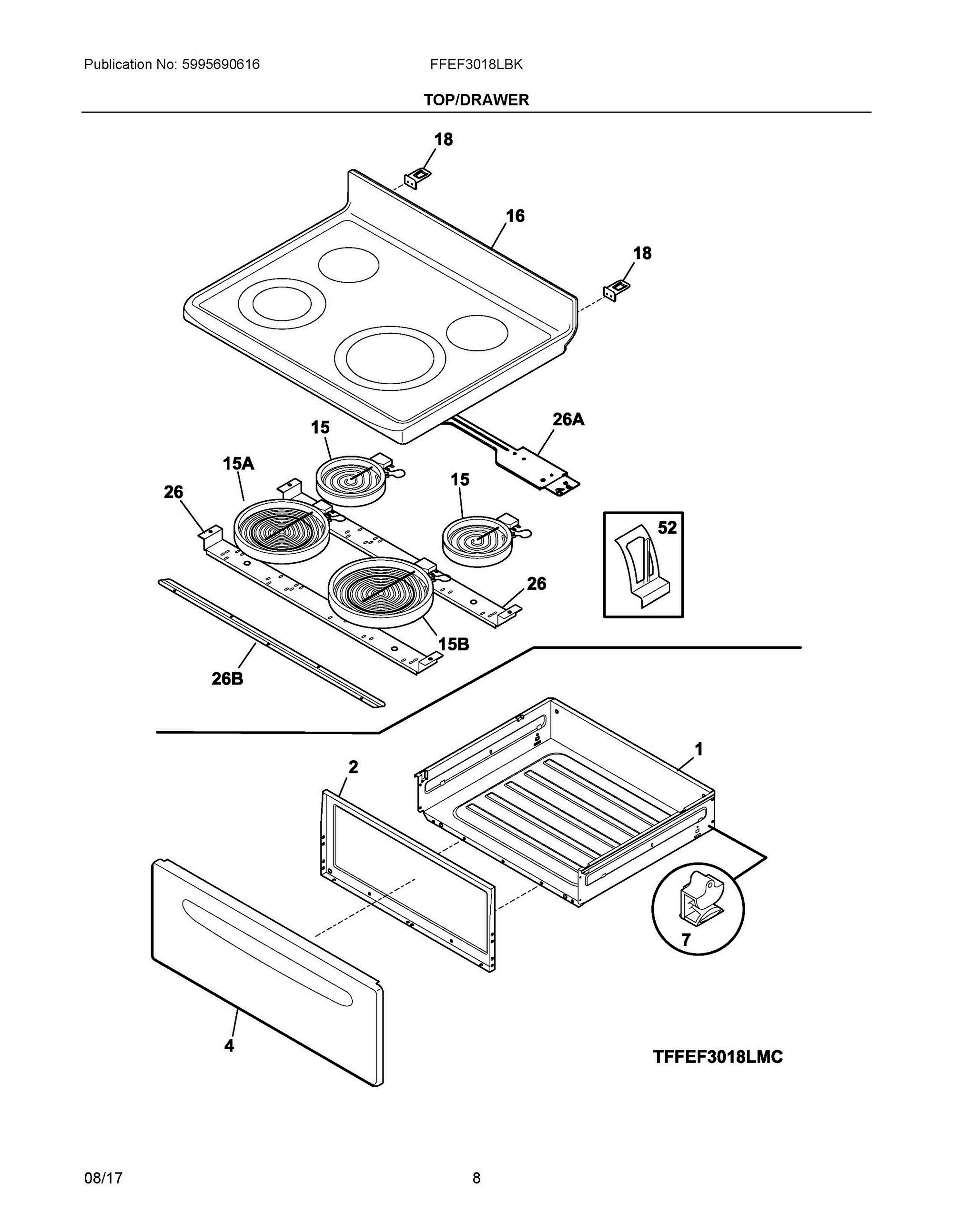 04 - TOP/DRAWER Diagram and Parts List for FFEF3018LBK  Frigidaire Range