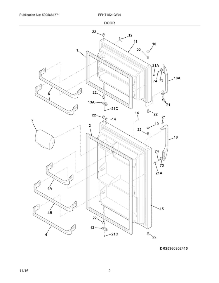 Door Diagram and Parts List for FFHT1521QW4  Frigidaire Refrigerator