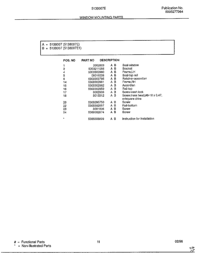 Window Mounting Parts Page 2 Diagram and Parts List for 5138007E  Frigidaire Air Conditioner
