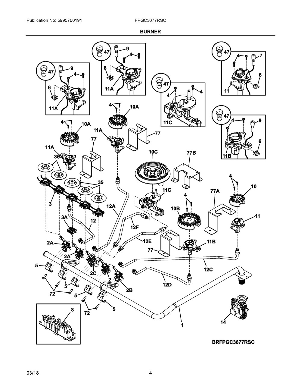 Burner Diagram and Parts List for FPGC3677RSC  Frigidaire Cooktop