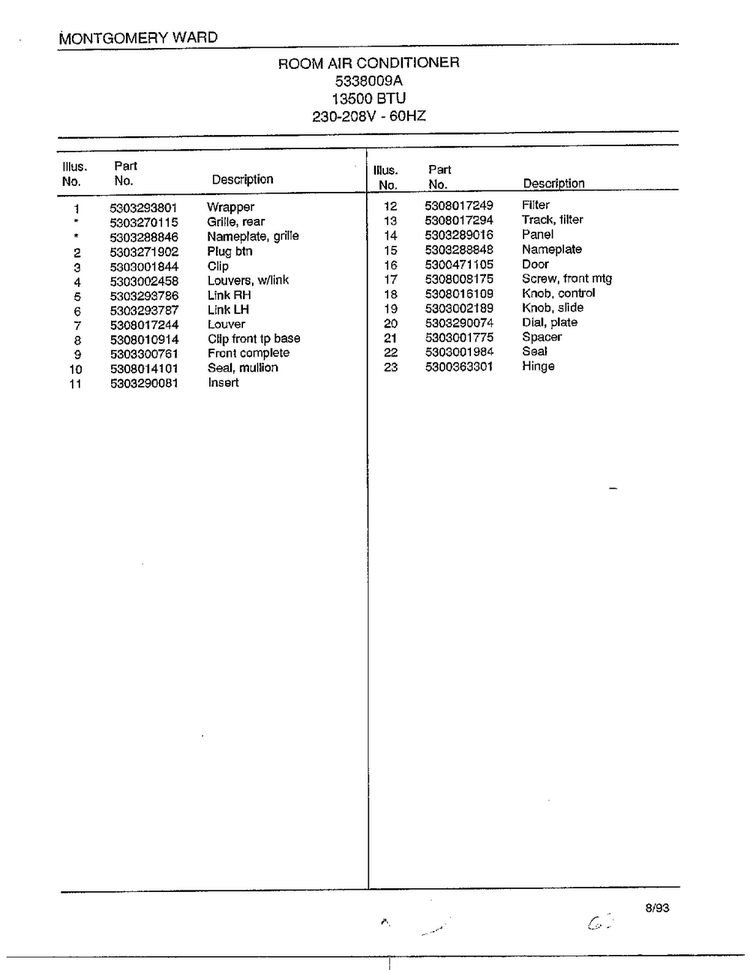 Room Air Conditioner Page 2 Diagram and Parts List for 4338009A  Frigidaire Air Conditioner