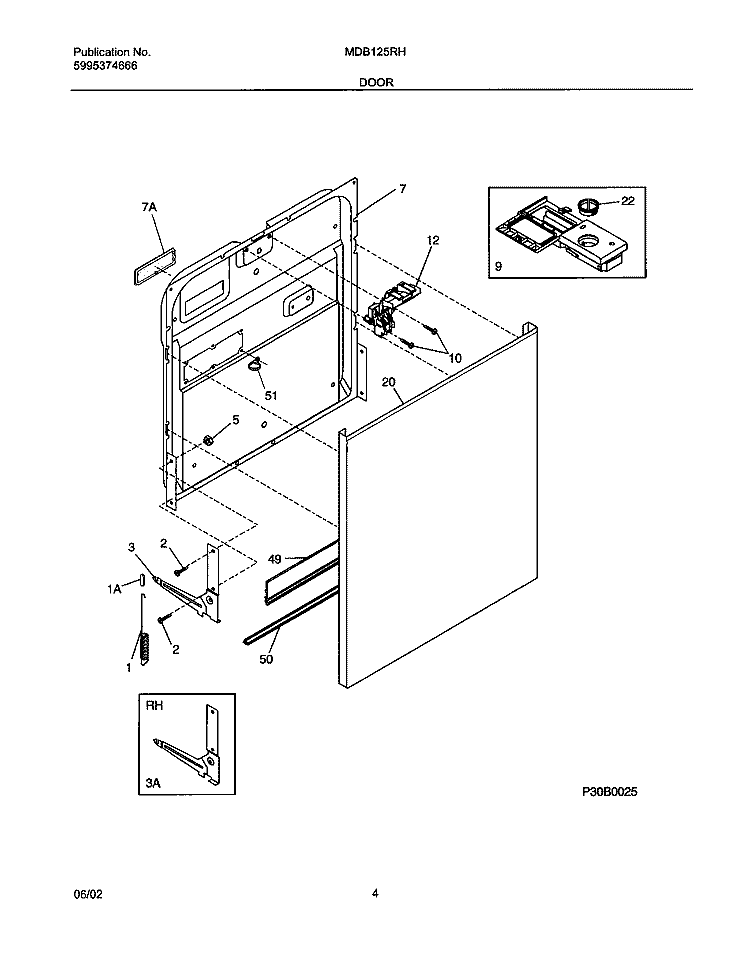 DOOR Diagram and Parts List for MDB125RHD3  Uni Dishwasher