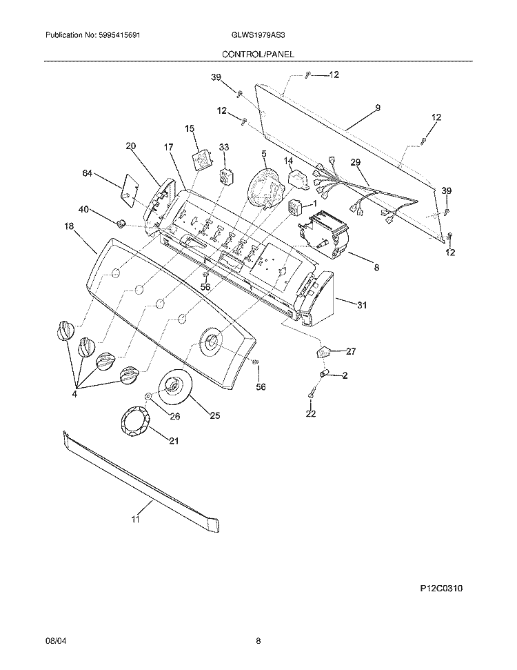 CONTROL PANEL Diagram and Parts List for GLWS1979AS3  Frigidaire Washer