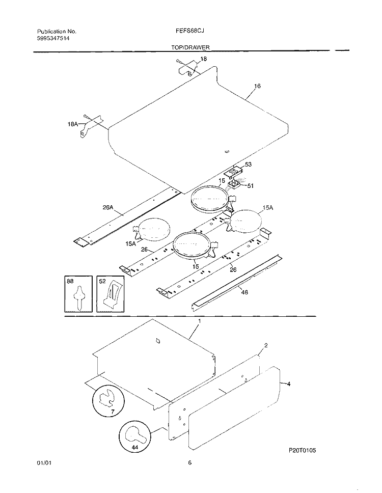 TOP / DRAWER Diagram and Parts List for FEFS68CJTB  Frigidaire Range