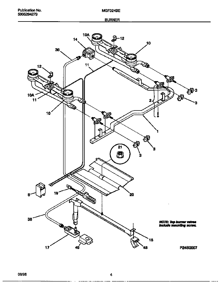 BURNER Diagram and Parts List for MGF324BEWA  Frigidaire Range