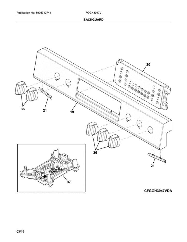 Backguard Diagram and Parts List for FGGH3047VDA  Frigidaire Range