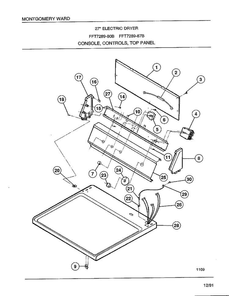 Console/controls/top Panel Diagram and Parts List for 7289-80B  Frigidaire Dryer