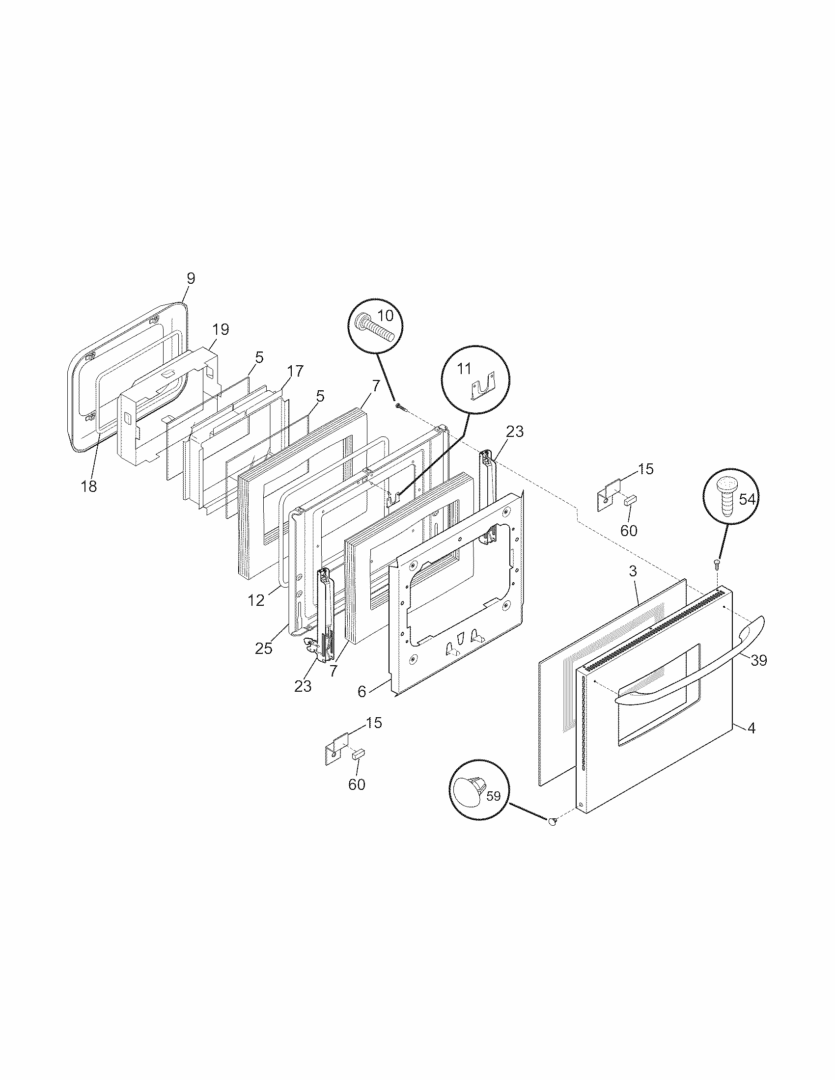 Door Diagram and Parts List for 79040453802  Kenmore Wall Oven