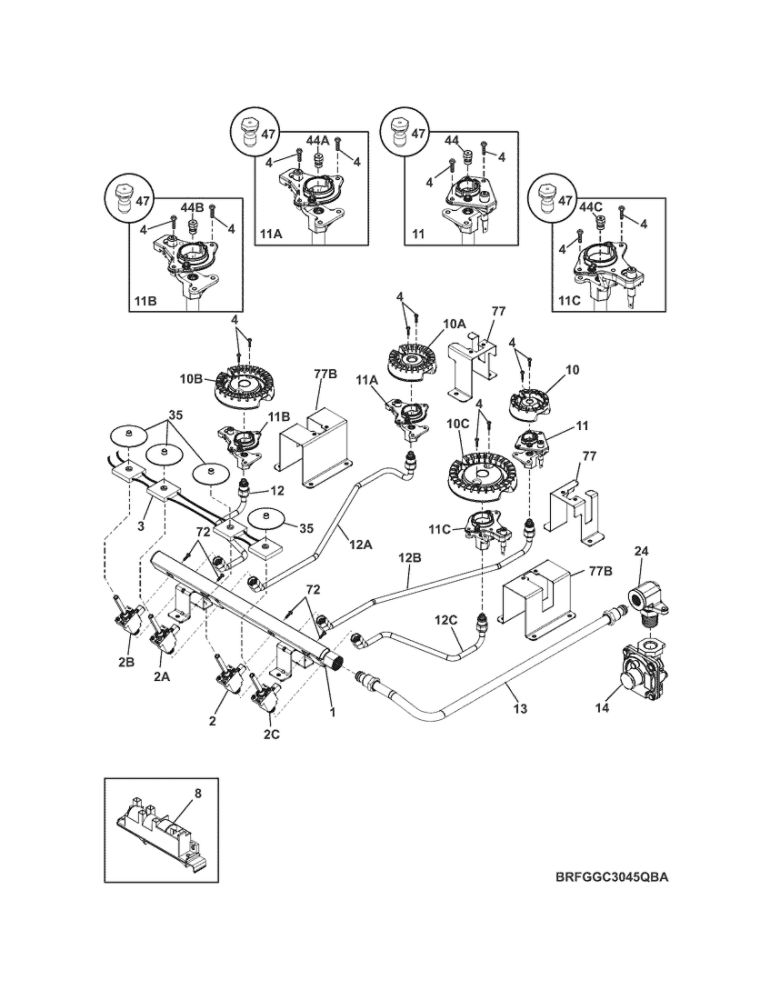 Burner Diagram and Parts List for FGGC3045QBA  Frigidaire Cooktop
