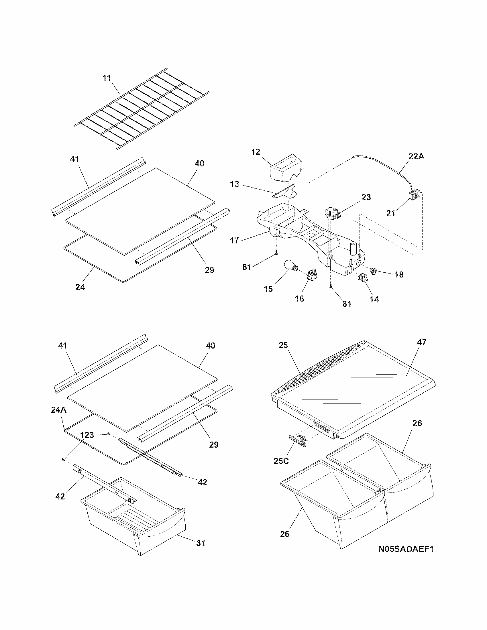 Shelves Diagram and Parts List for 970-42042B  Kenmore Refrigerator
